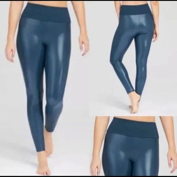 Assets by Spanx Faux Leather Shaping Leggings Pants Sea Blue - Picture 1 of 10